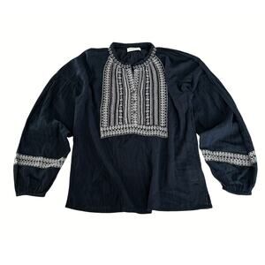 Maison Hotel Tina Boho Blouse Top Size XS Black Gauze Cotton Long Puffed Sleeves